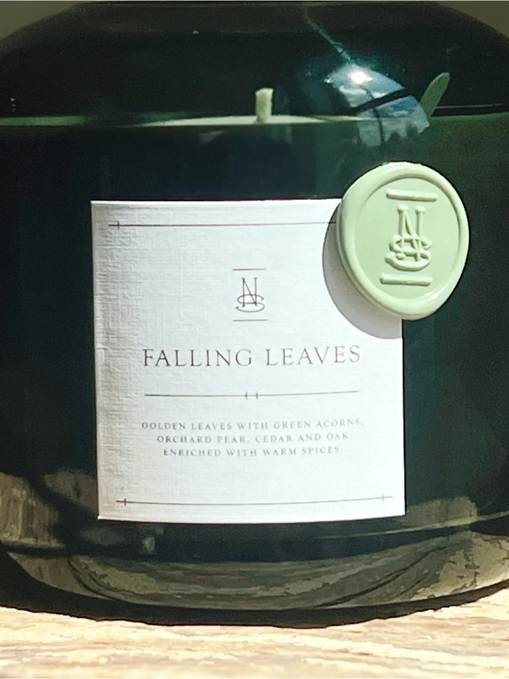 NEW Ninety Six Falling Leaves Candle 16 OZ Forest Green Glass Vessel